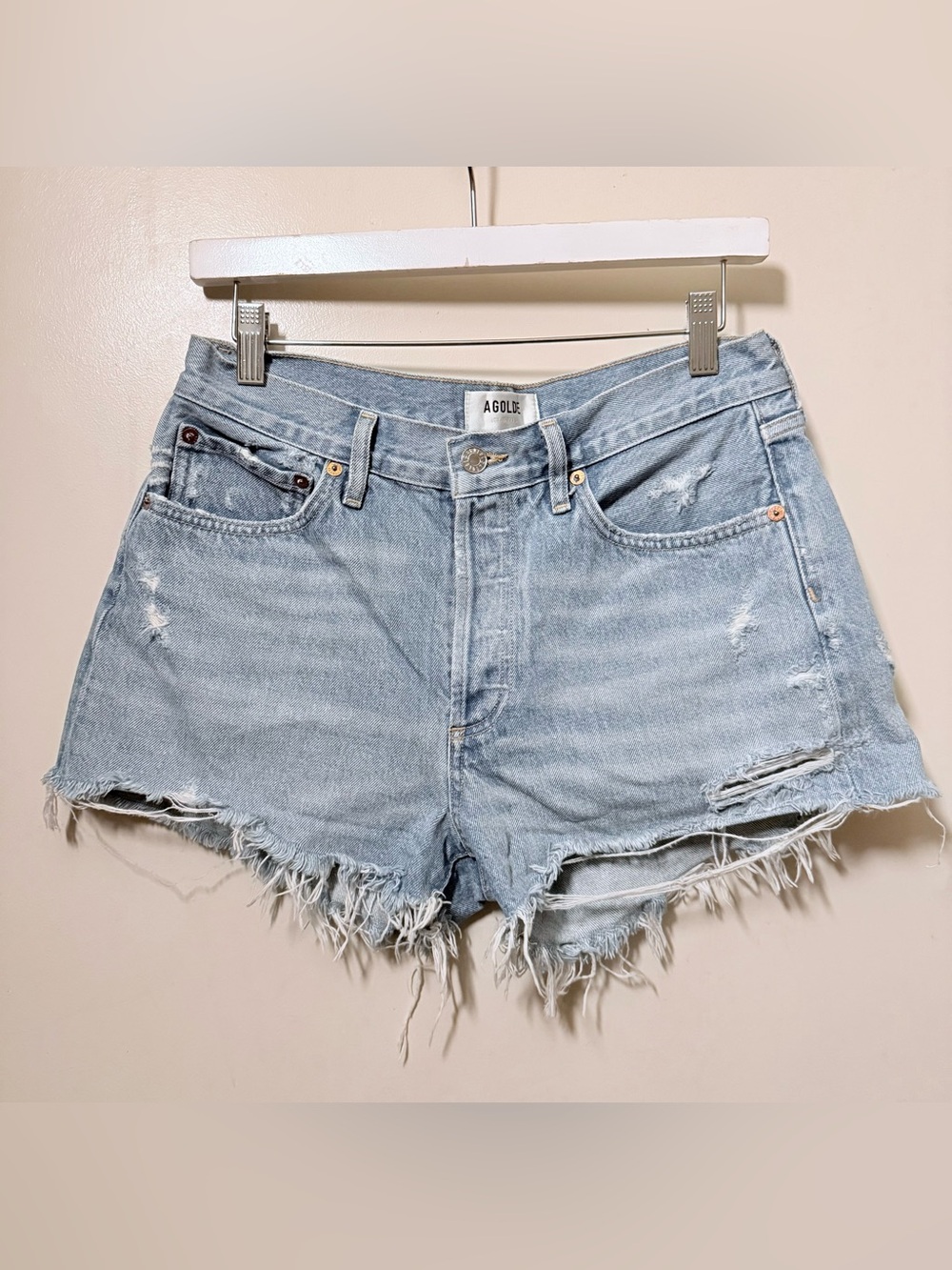 Agolde Light Blue Frayed Denim DISTRESSED Shorts